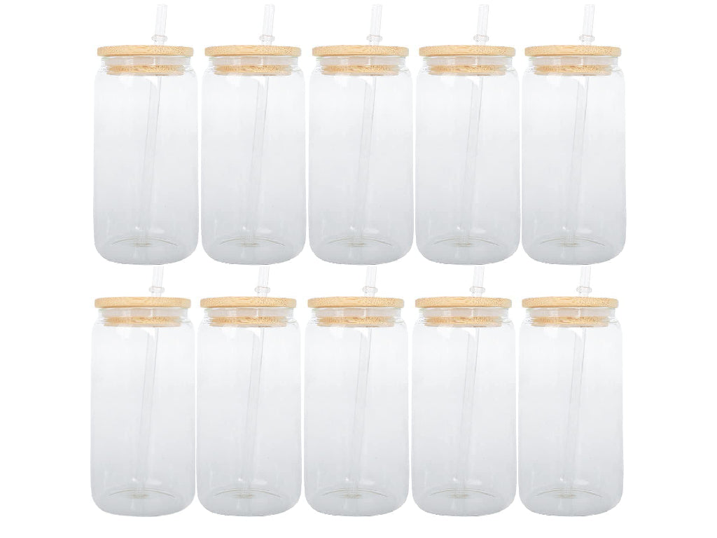 10PCS 12 OZ SUBLIMATION GLASS CAN WITH BAMBOO LID AND STRAW